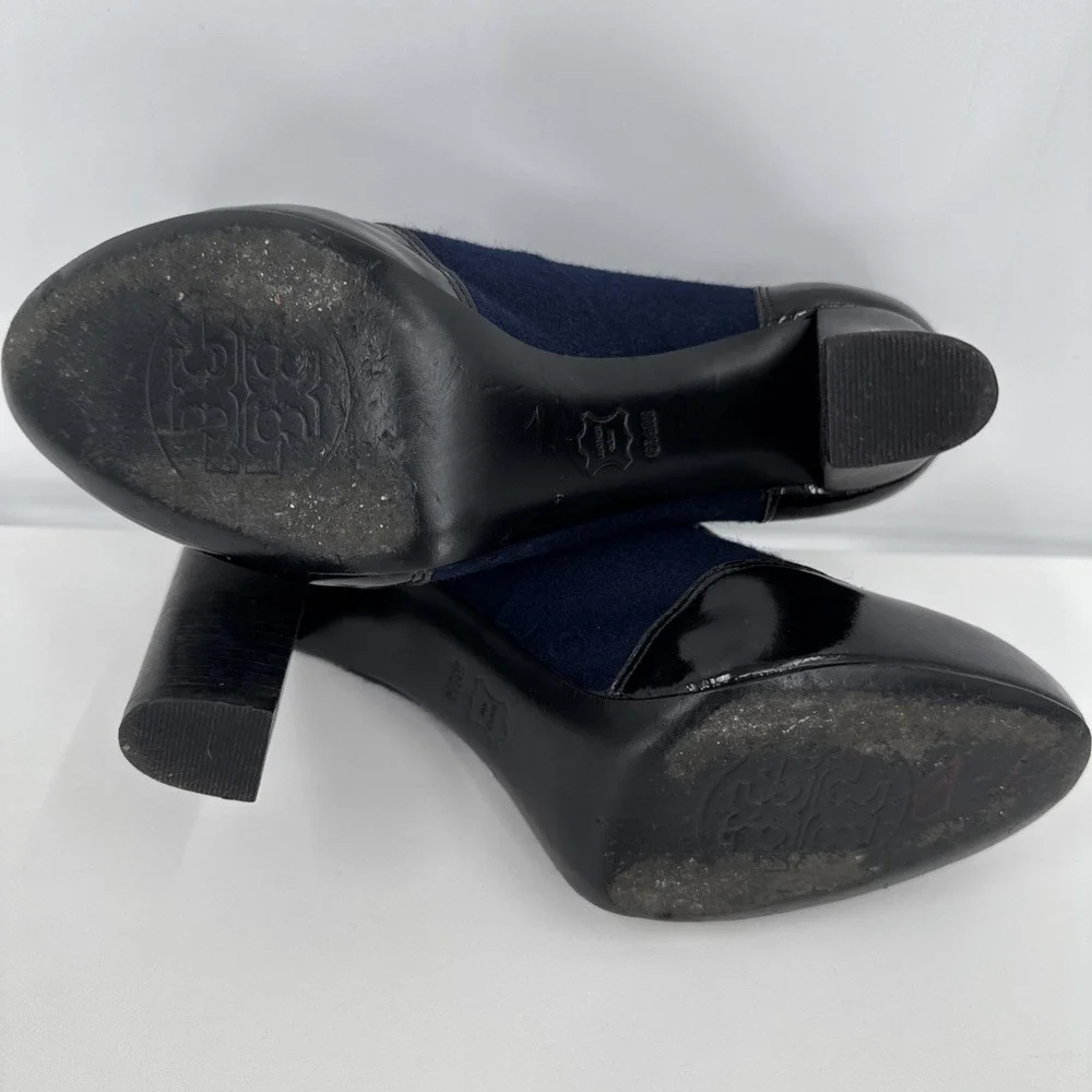 Tory Burch Black‎ Navy Leather Block Heel Ankle Women Bootie Size 6.5 Wingtip